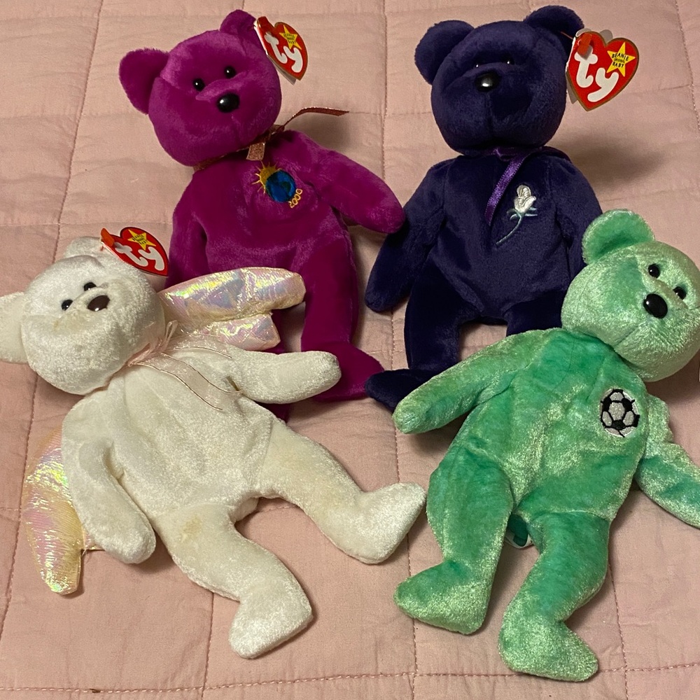 Ty Plush Bear Set - Purple, Navy, White, Green Beanie Buddies